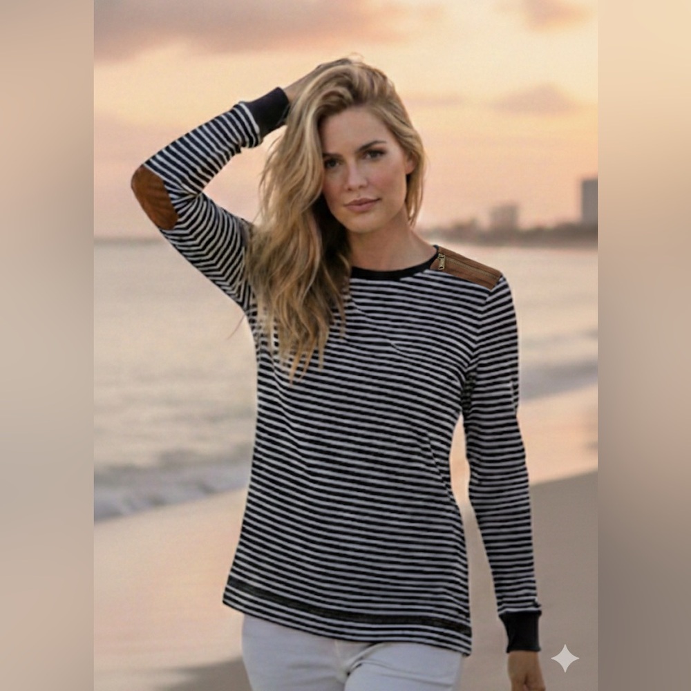 Lauren Ralph Lauren Black White Striped Top Suede Elbow Patches and Accents Sz M